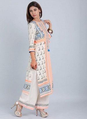 Off-White & Orange Printed kurta - wforwoman