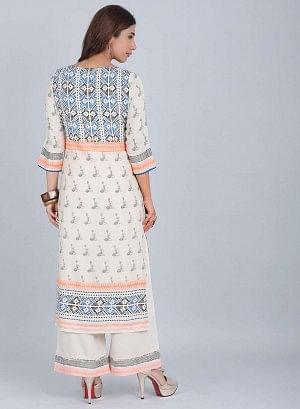 Off-White & Orange Printed kurta - wforwoman
