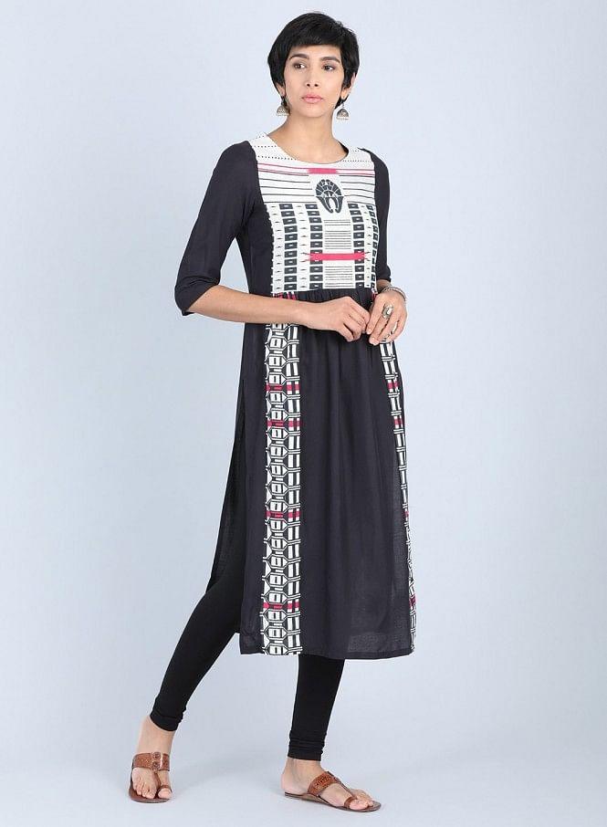 Black Round Neck Gathered kurta - wforwoman