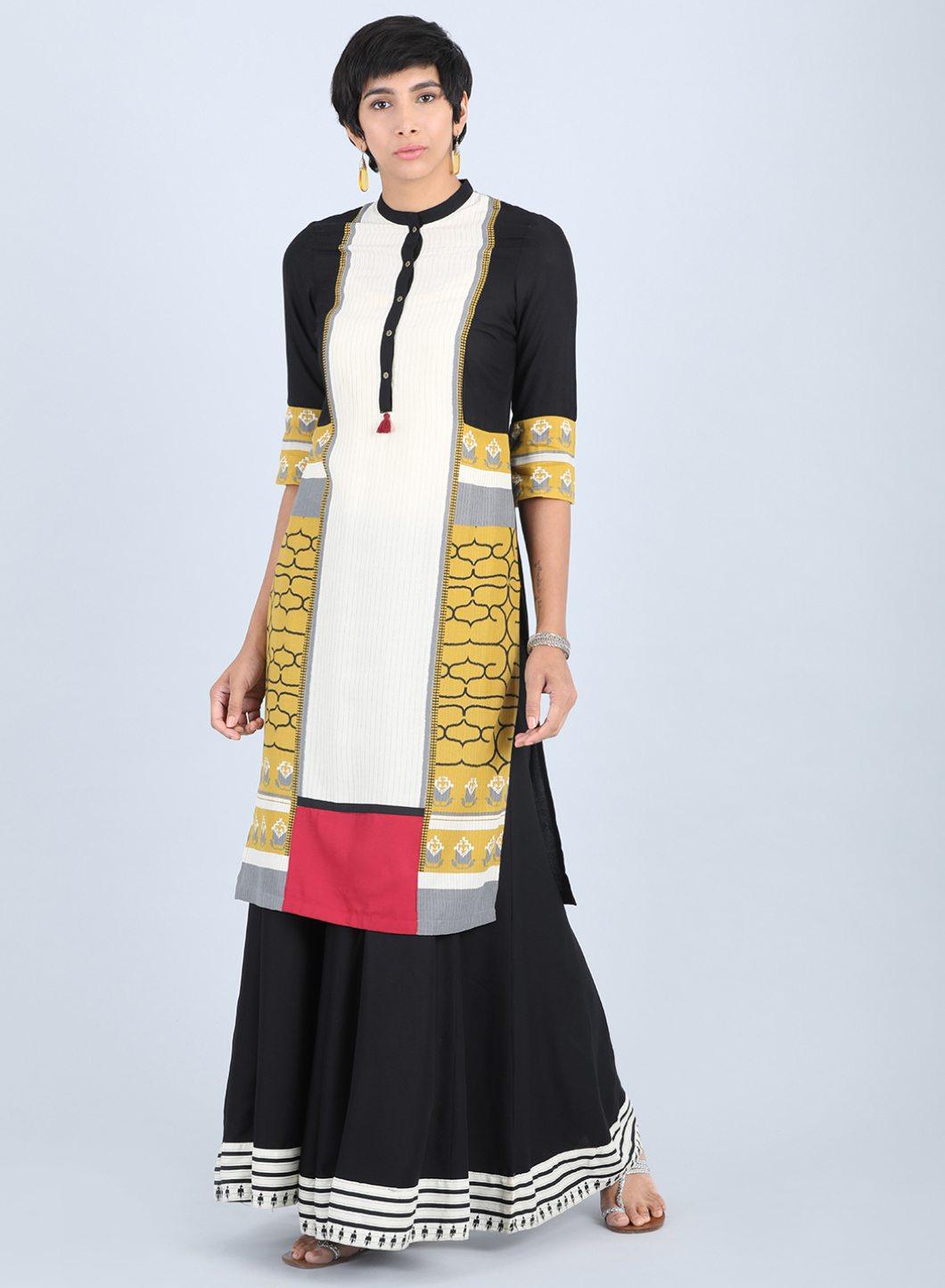 Off White & Yellow Mandarin Neck Straight kurta - wforwoman