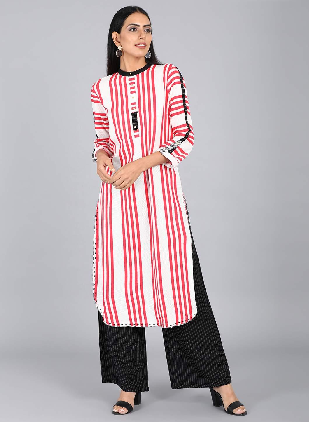 White & Red Mandarin Neck Striped kurta - wforwoman