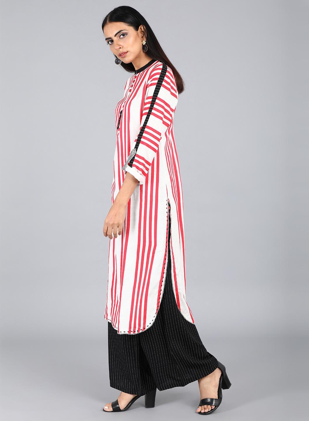 White & Red Mandarin Neck Striped kurta - wforwoman