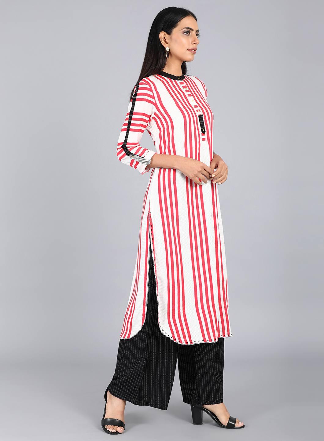 White & Red Mandarin Neck Striped kurta - wforwoman