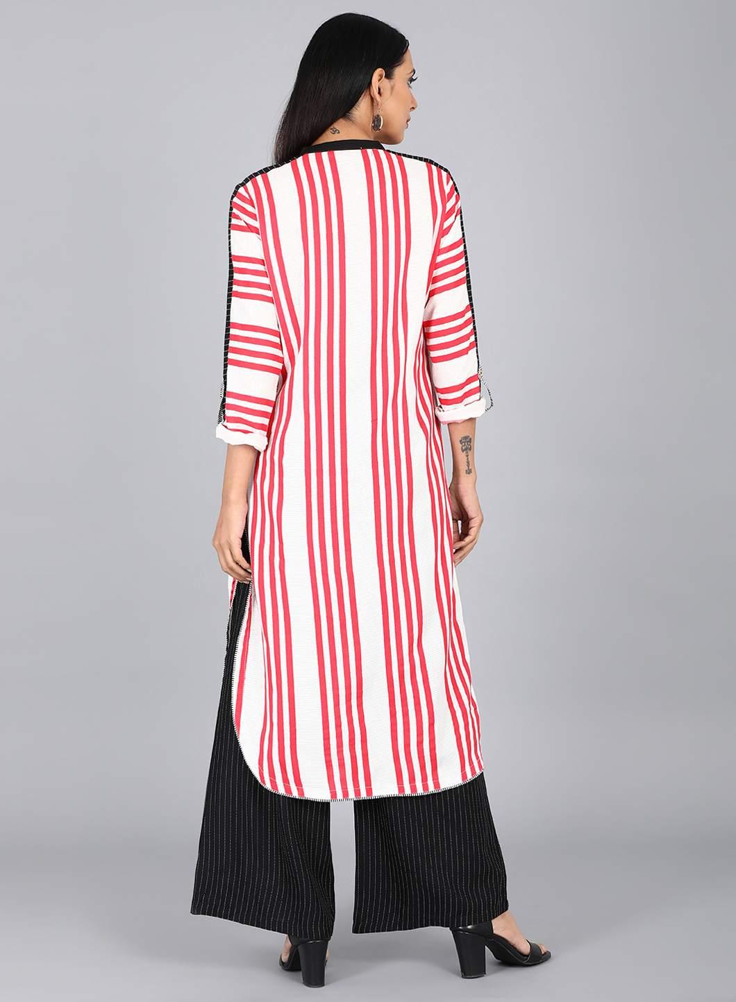 White & Red Mandarin Neck Striped kurta - wforwoman