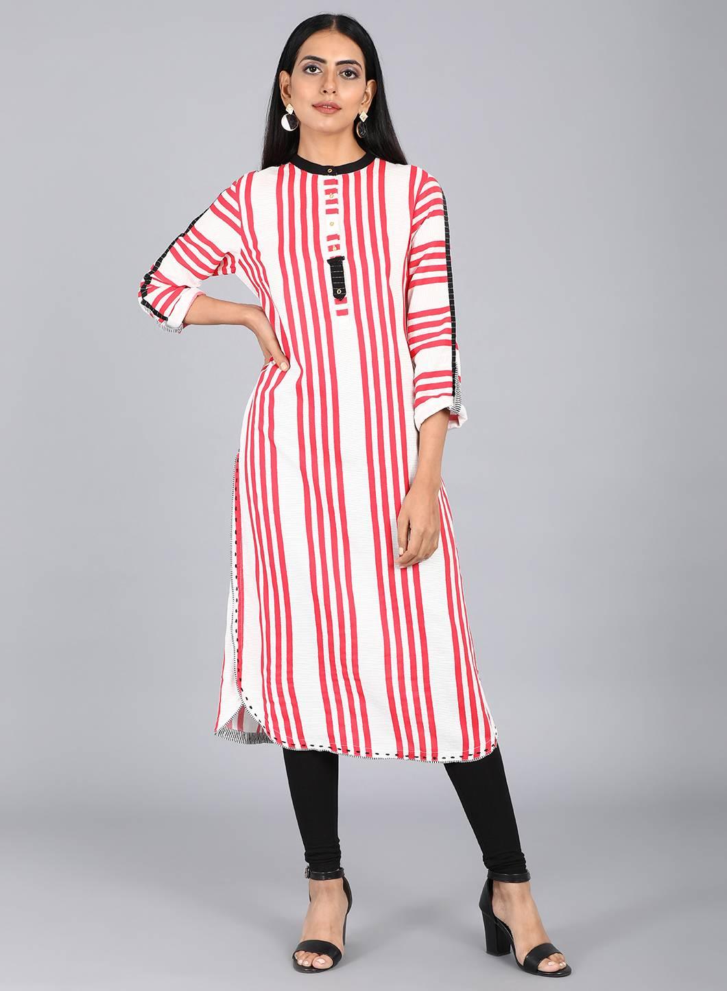 White & Red Mandarin Neck Striped kurta - wforwoman