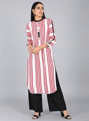White & Red Mandarin Neck Striped kurta - wforwoman