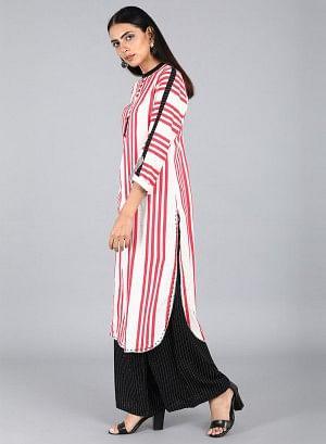 White & Red Mandarin Neck Striped kurta - wforwoman