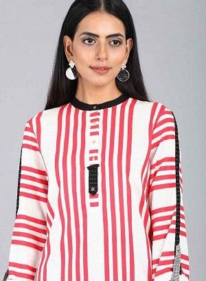 White & Red Mandarin Neck Striped kurta - wforwoman