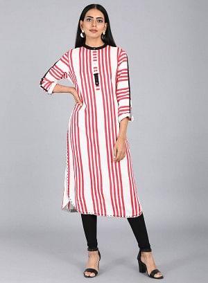 White & Red Mandarin Neck Striped kurta - wforwoman