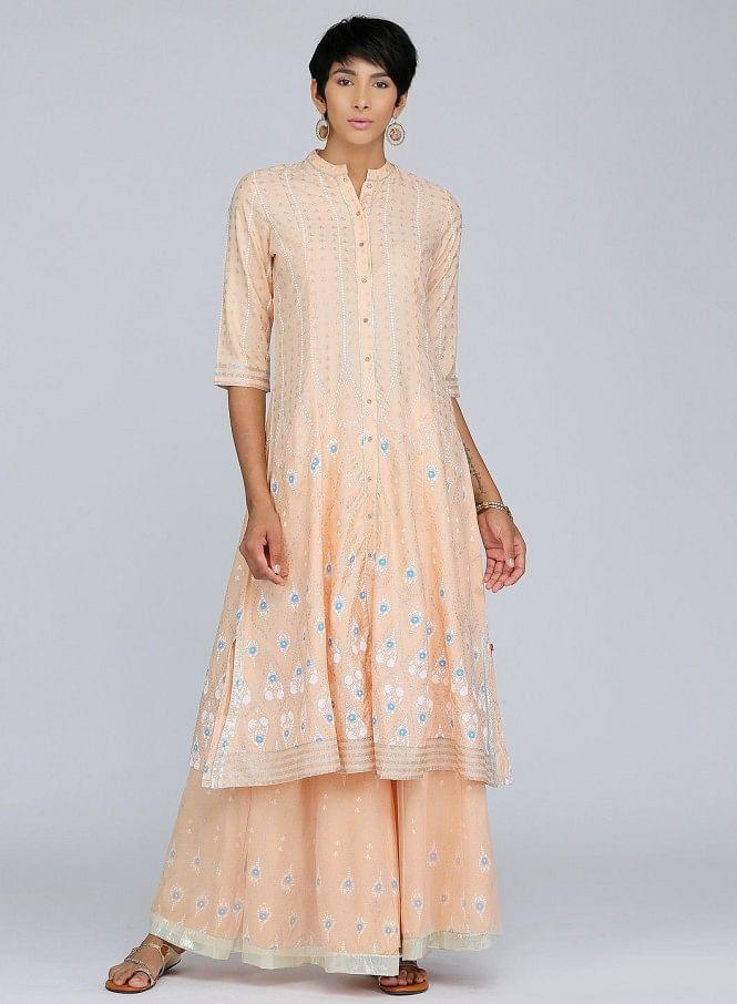 Peach Mandarin Neck Printed kurta - wforwoman