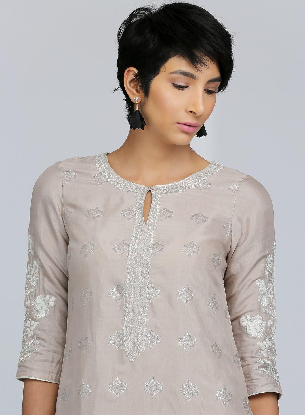Grey Round Neck Printed kurta - wforwoman