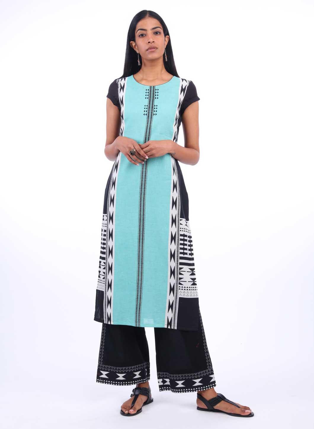Green & Black Round Neck kurta - wforwoman