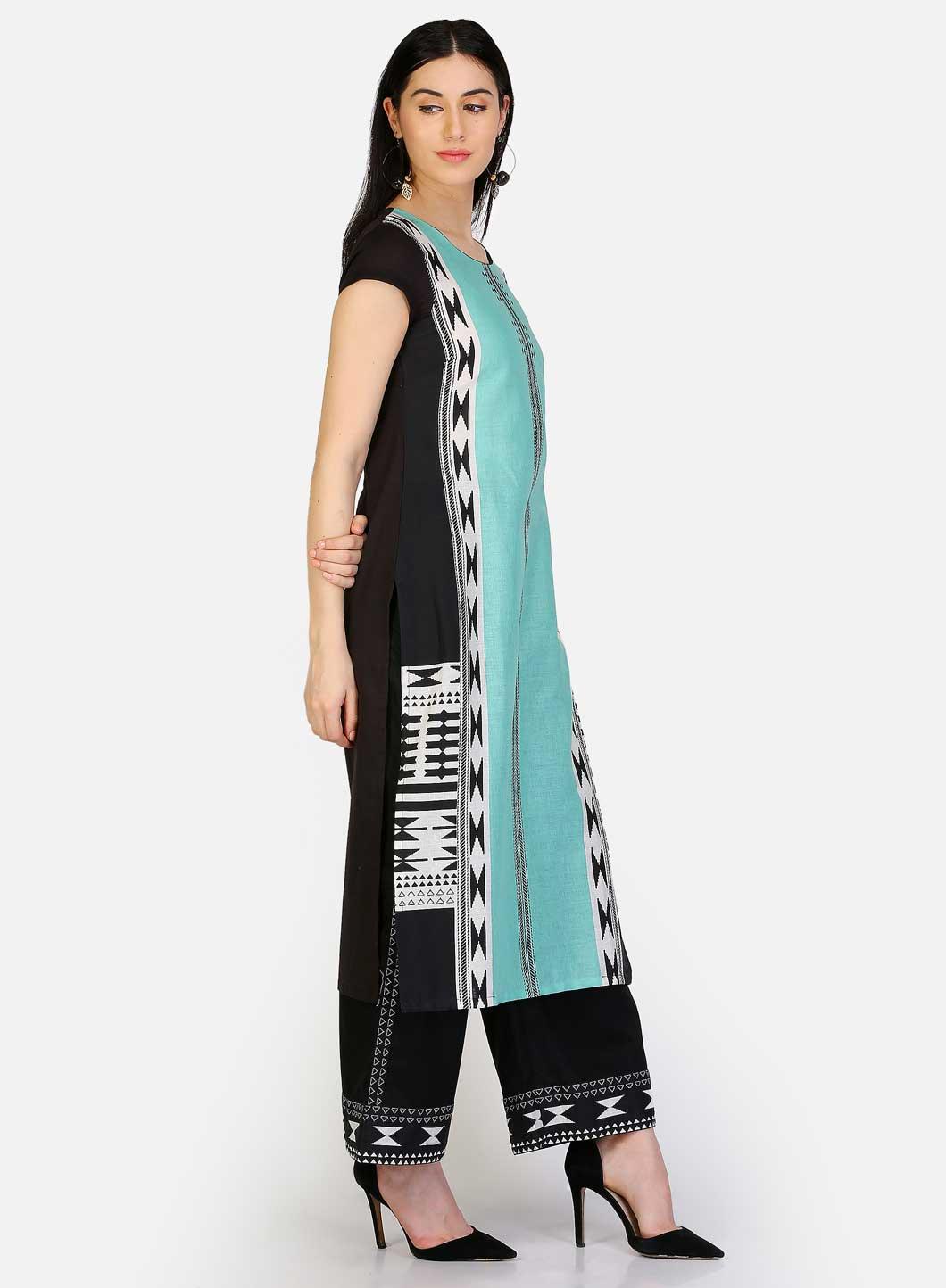 Green & Black Round Neck kurta - wforwoman