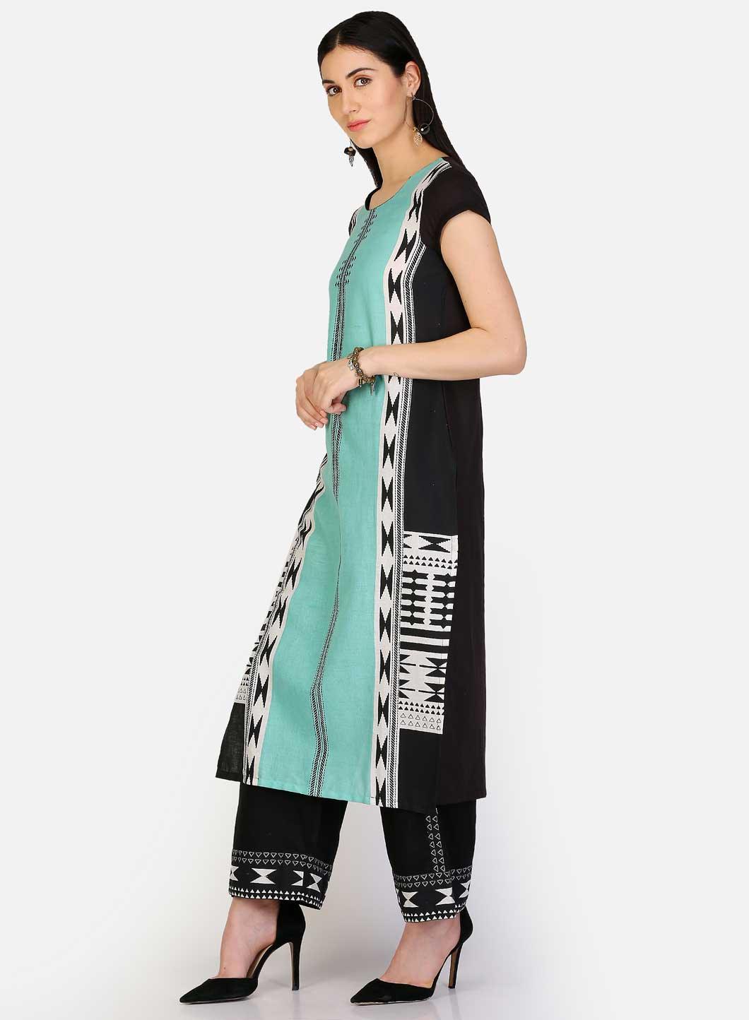 Green & Black Round Neck kurta - wforwoman