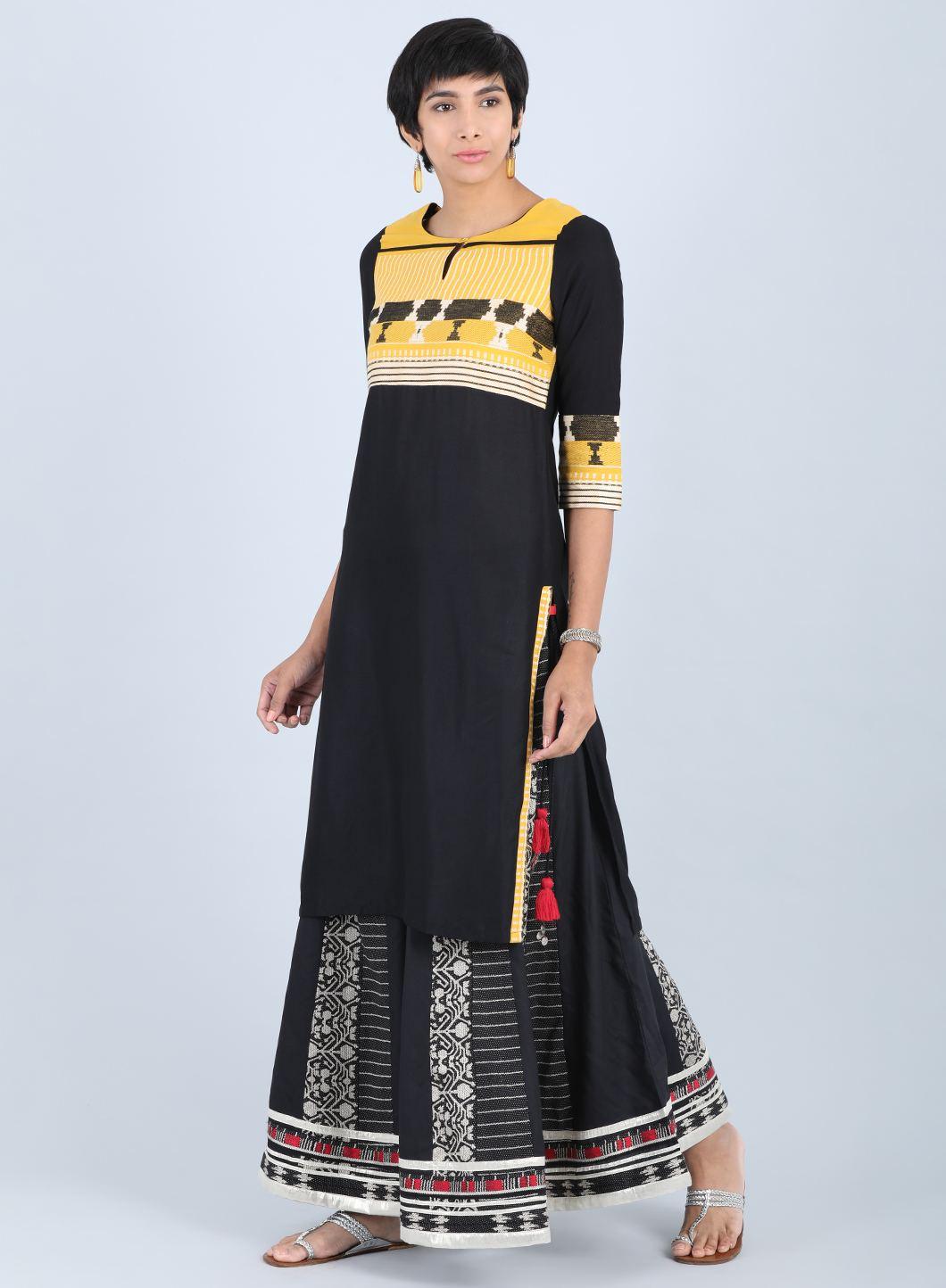 Black Round Neck Straight kurta - wforwoman
