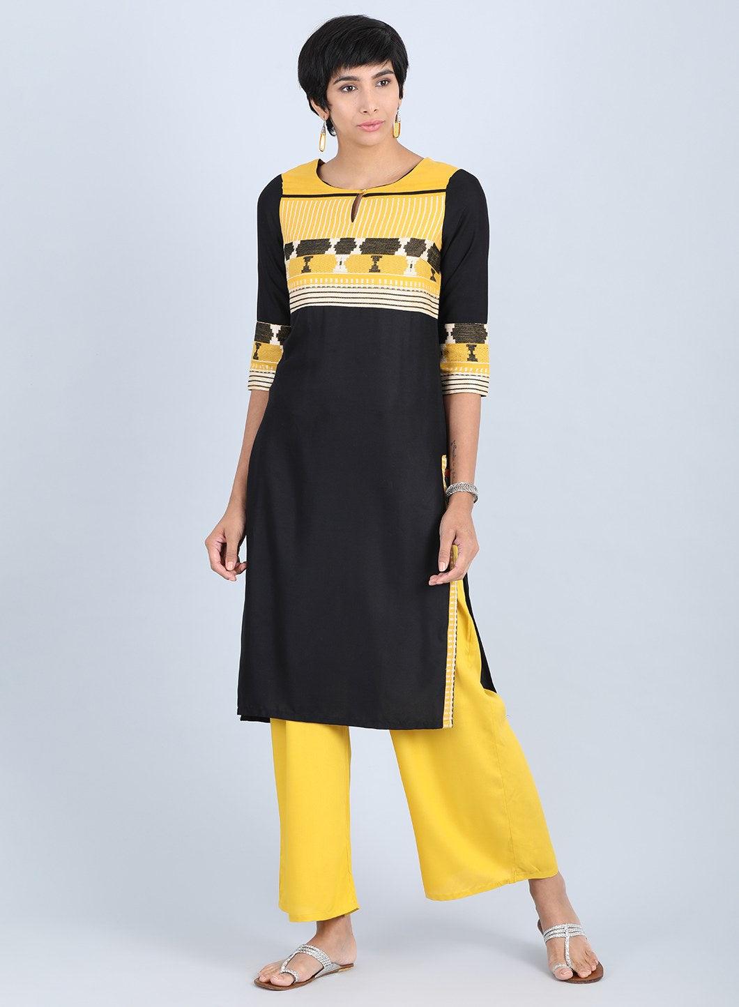 Black Round Neck Straight kurta - wforwoman