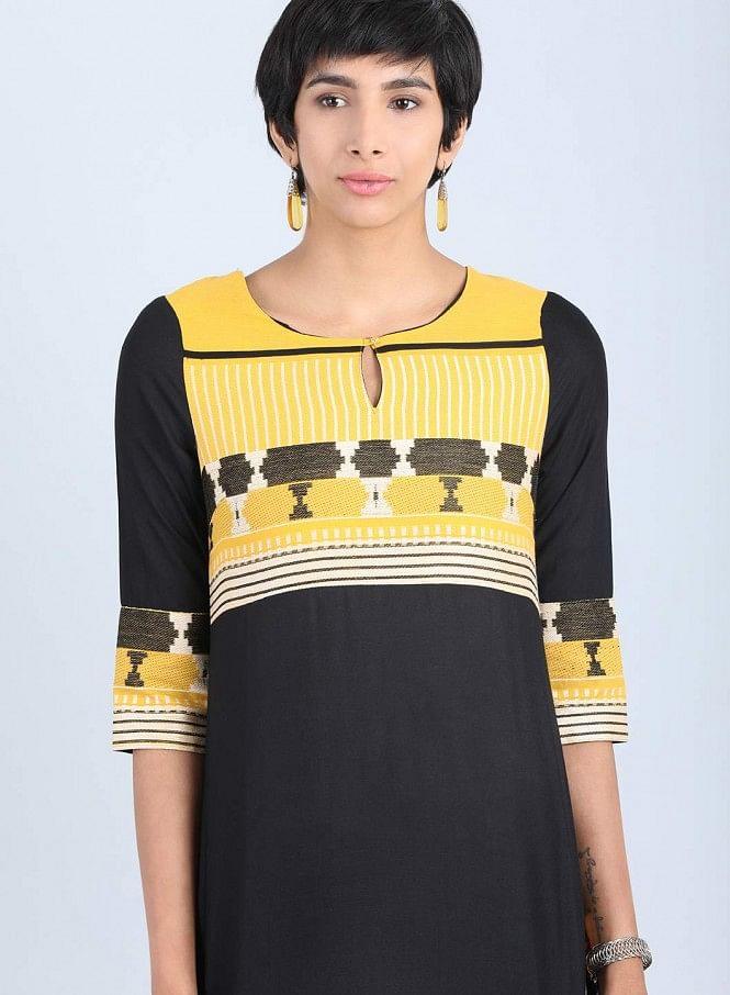 Black Round Neck Straight kurta - wforwoman