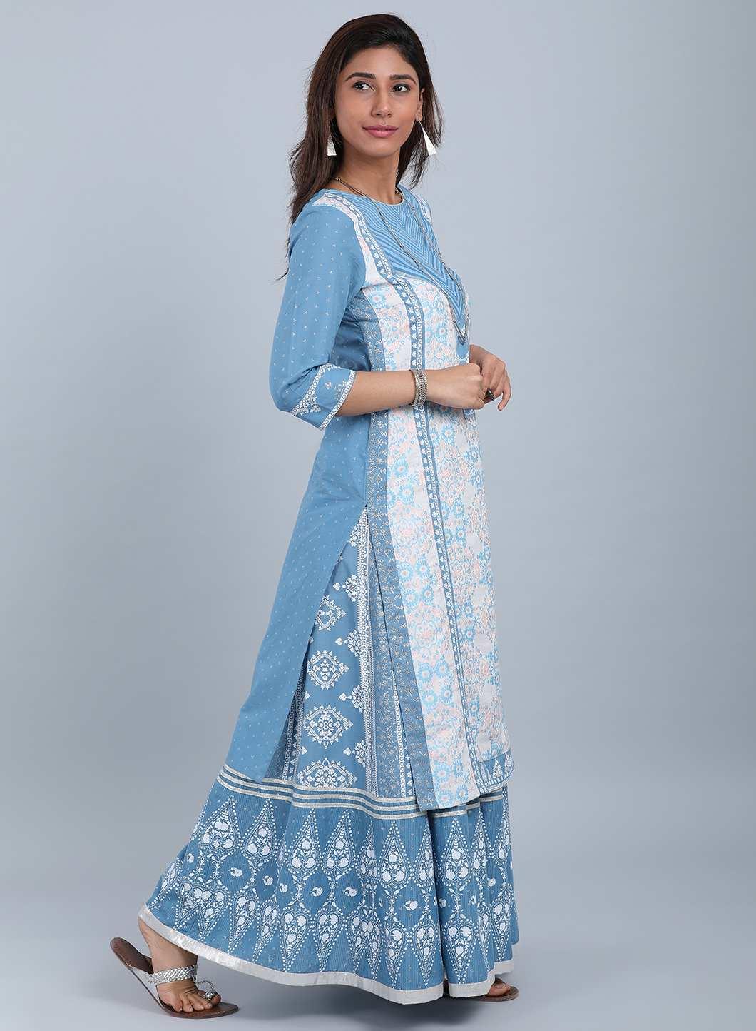 White & Blue Round Neck Printed kurta - wforwoman