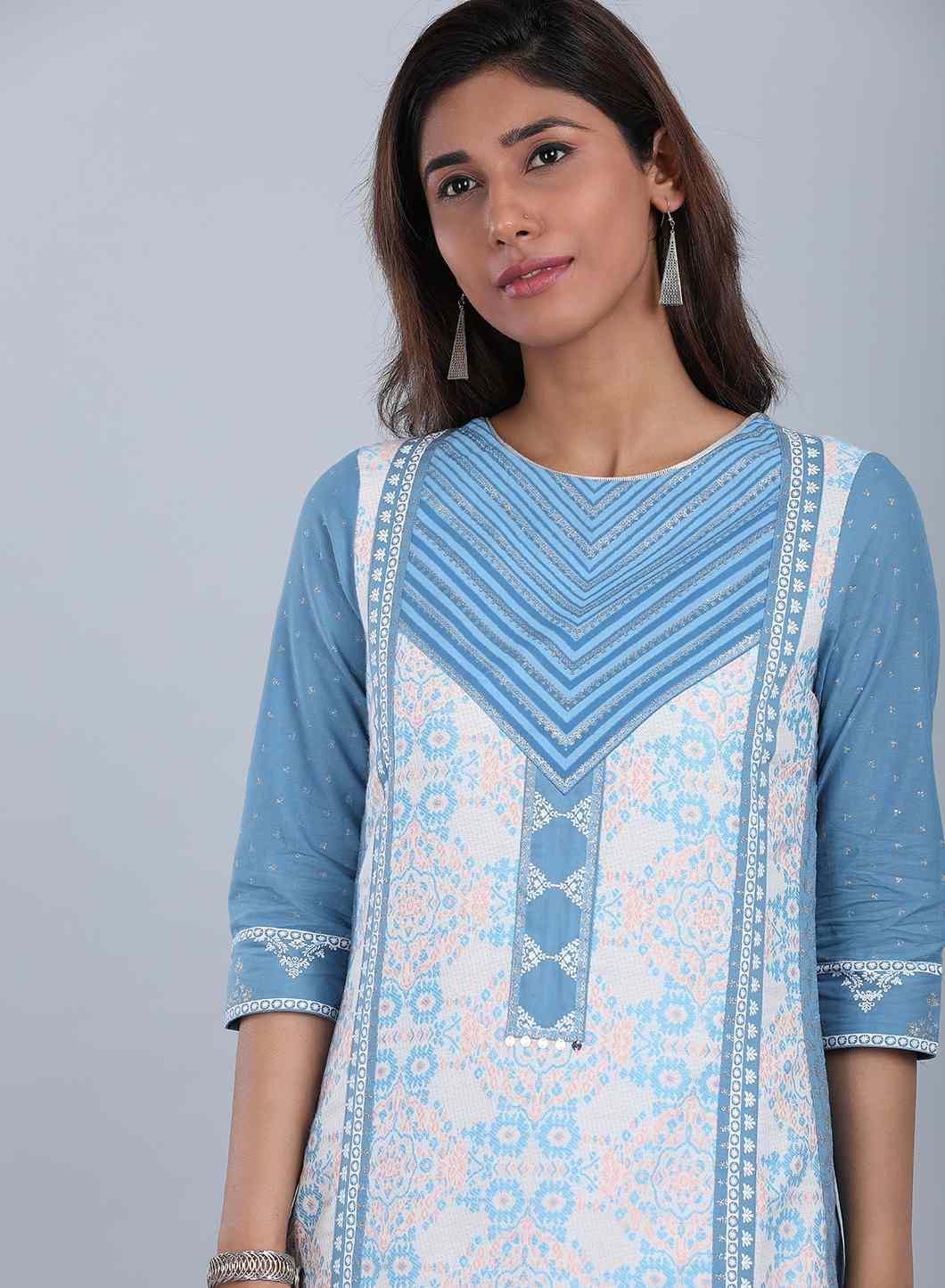 White & Blue Round Neck Printed kurta - wforwoman