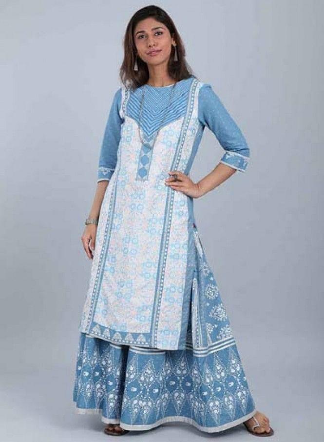 White & Blue Round Neck Printed kurta - wforwoman