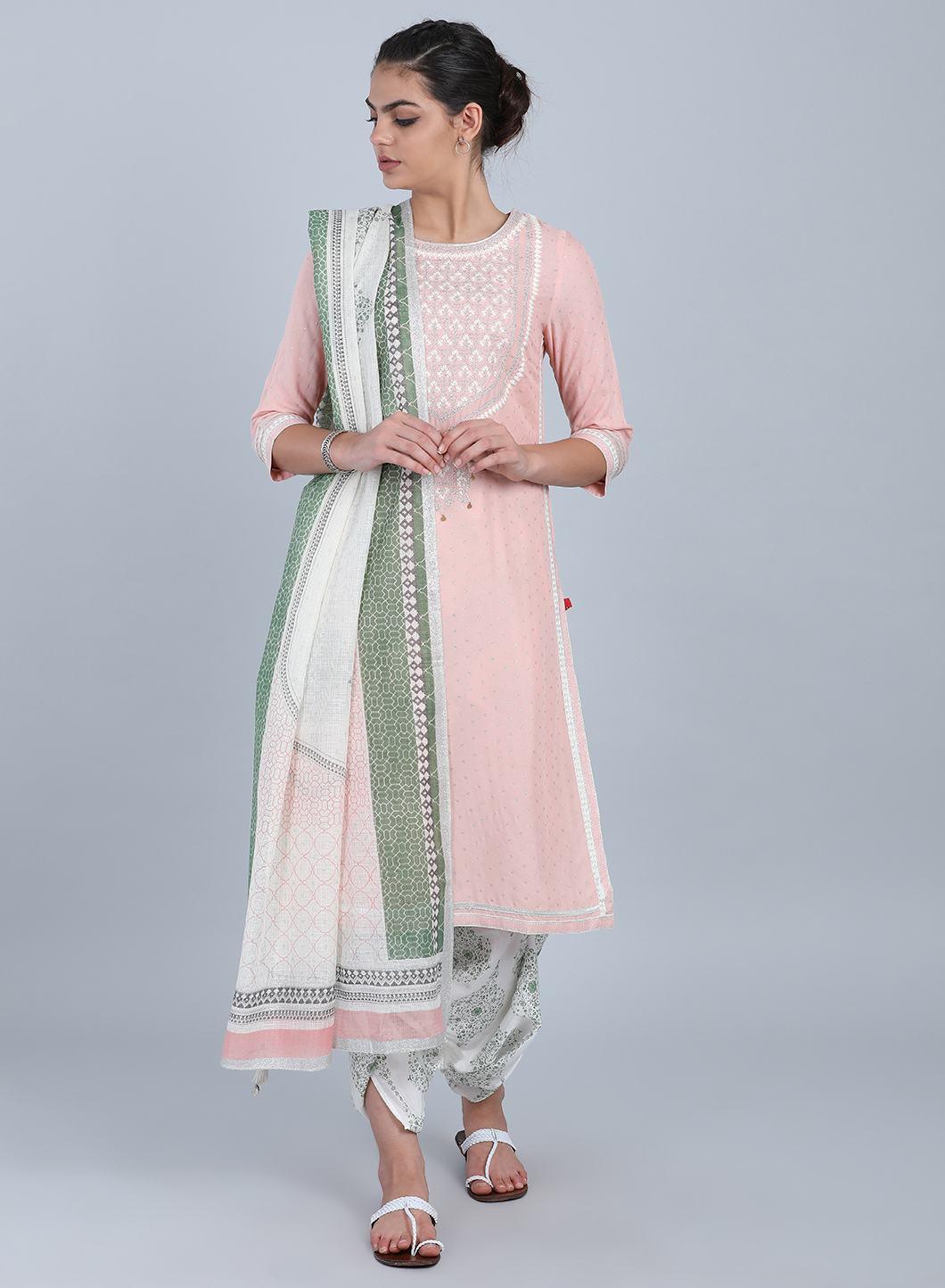 Peach Round Neck Embellished kurta - wforwoman