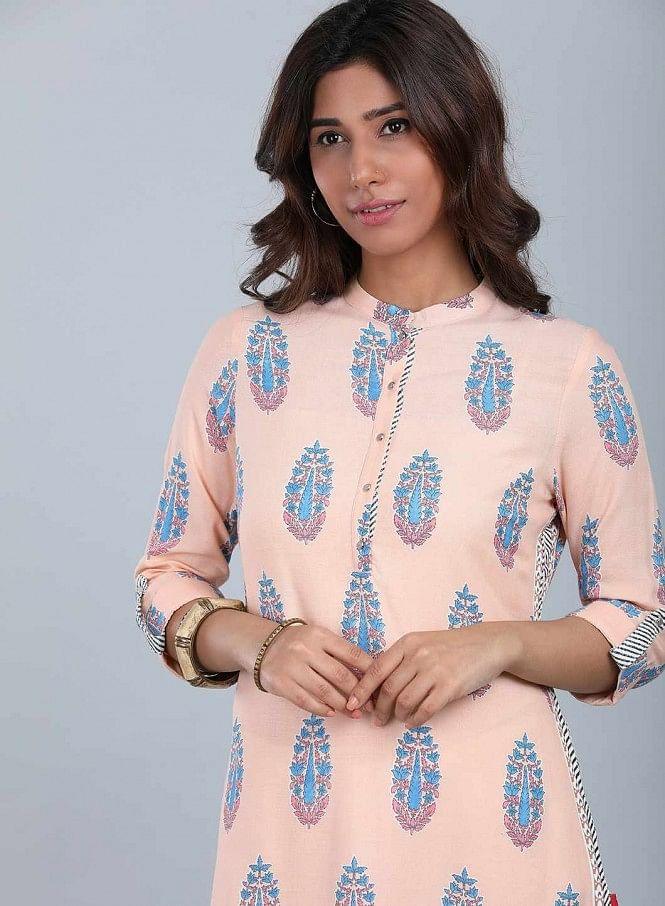 Peach Mandarin Neck Printed kurta - wforwoman