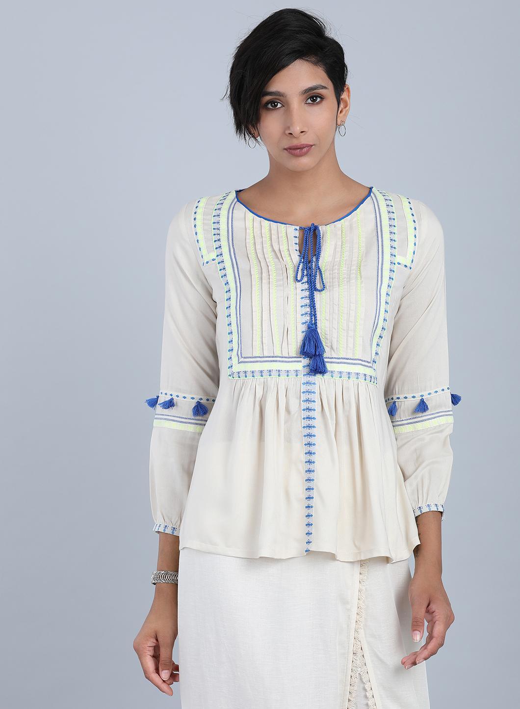 White & Blue Round Neck Tie-Up Top - wforwoman