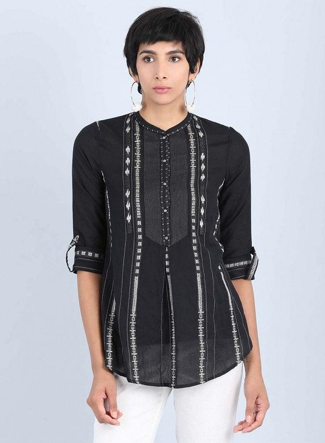 Black Mandarin Neck Straight Top - wforwoman