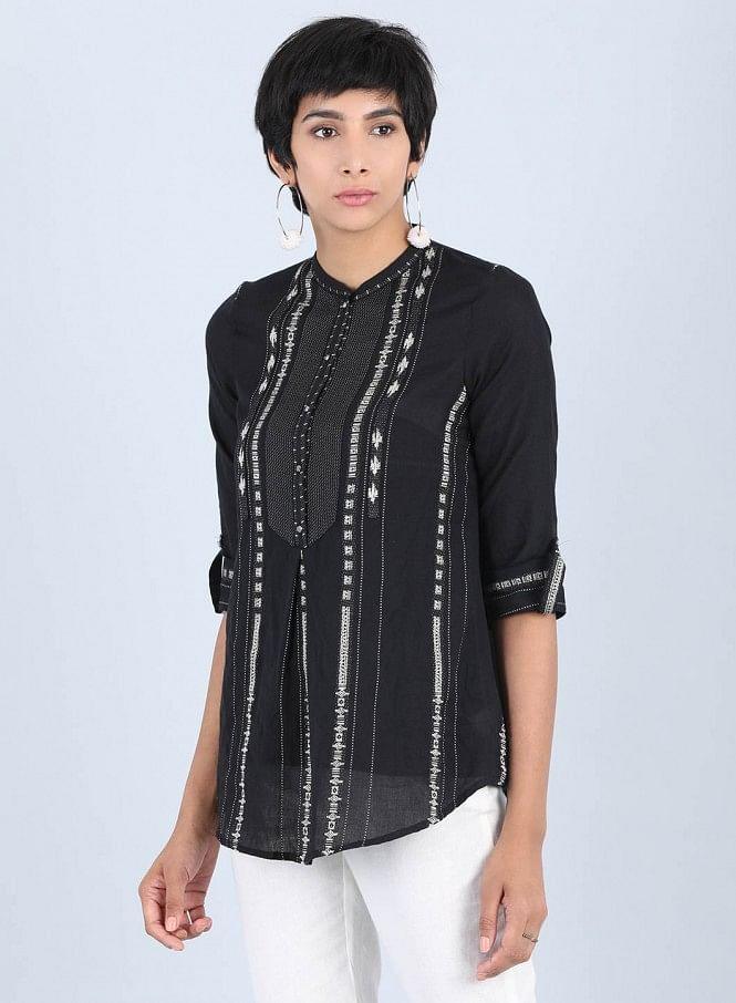 Black Mandarin Neck Straight Top - wforwoman