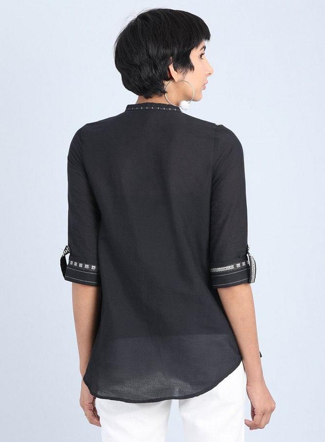 Black Mandarin Neck Straight Top - wforwoman