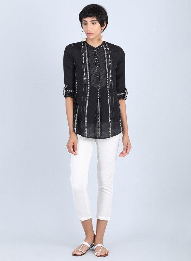 Black Mandarin Neck Straight Top - wforwoman