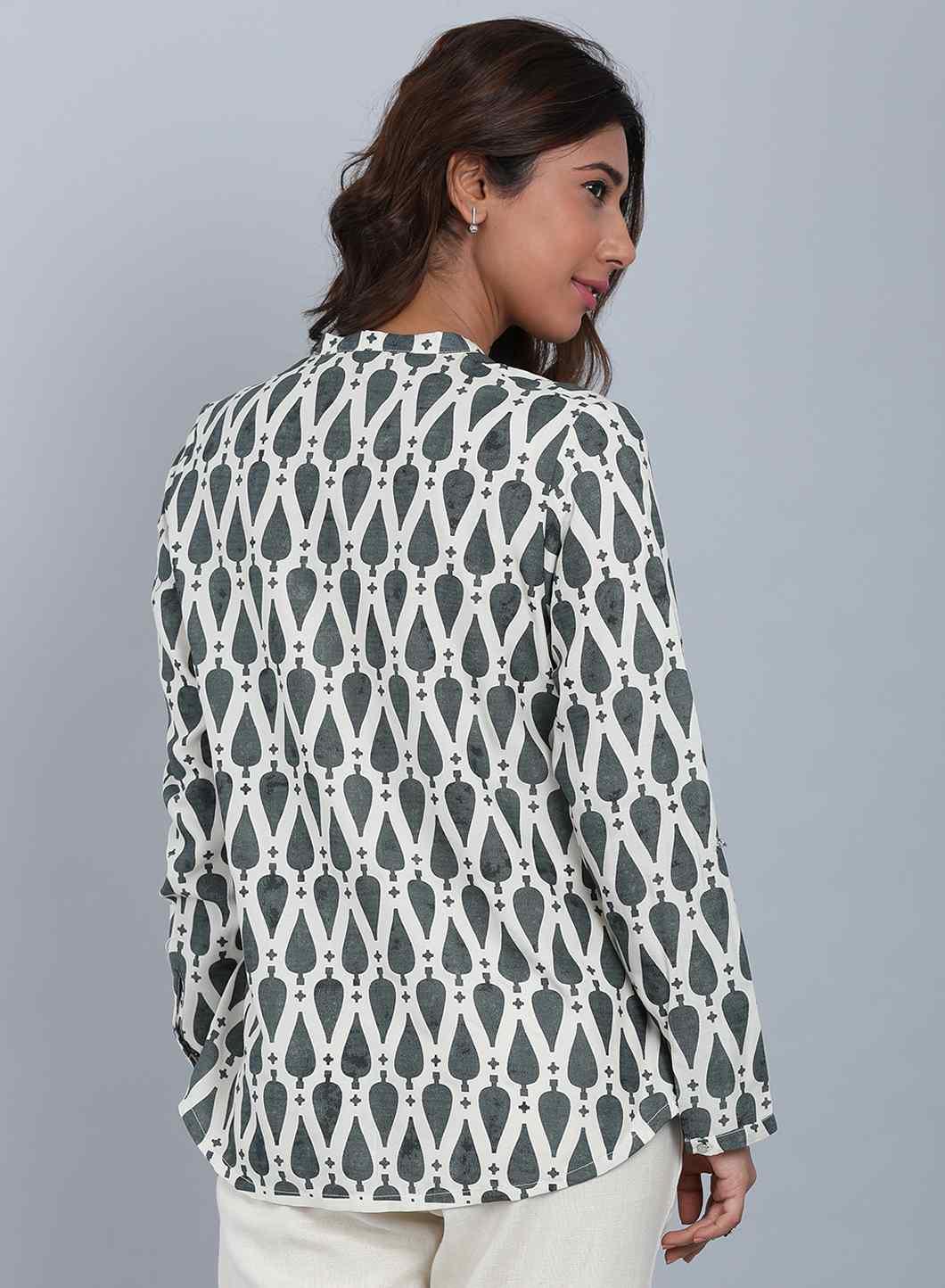 Grey & White Mandarin Neck Top - wforwoman