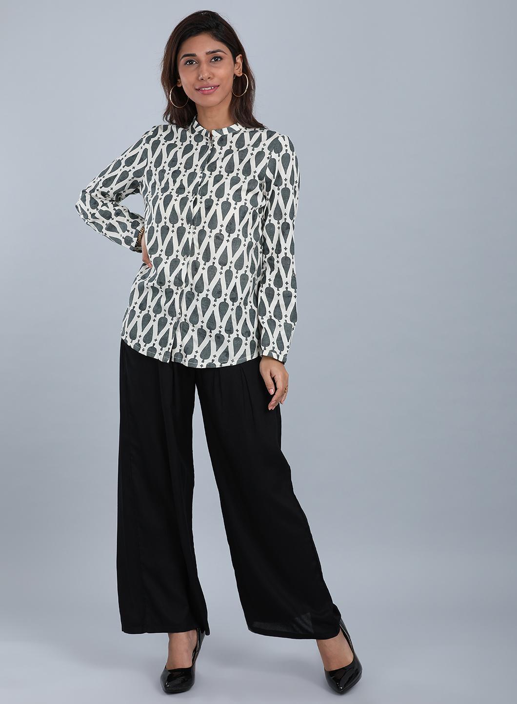 Grey & White Mandarin Neck Top - wforwoman