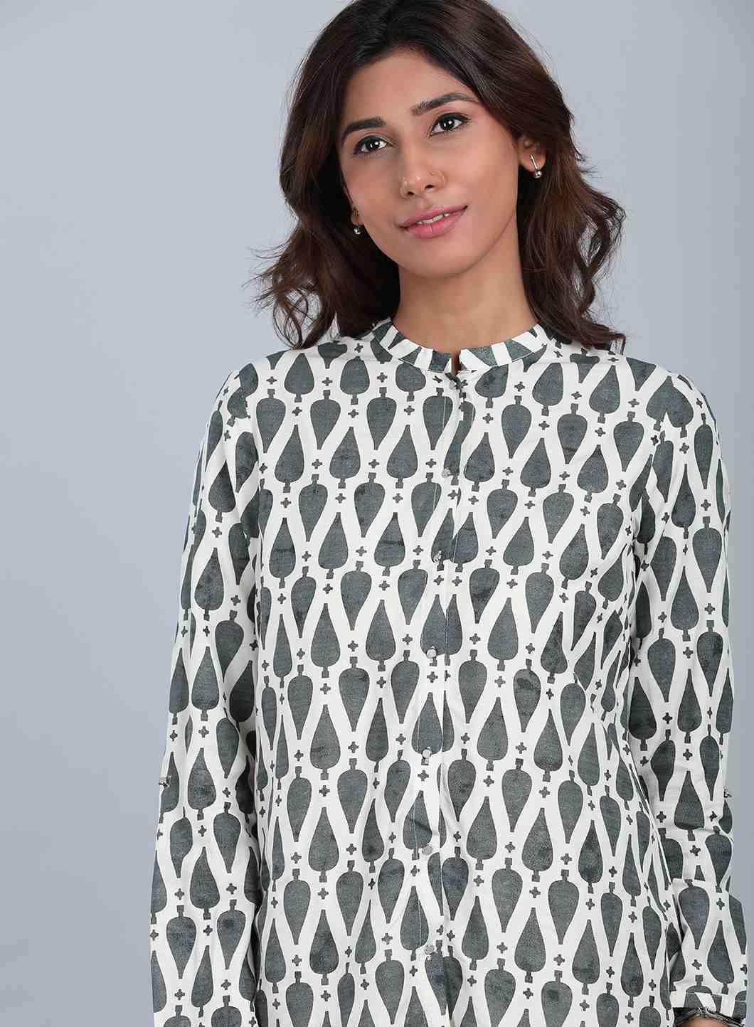Grey & White Mandarin Neck Top - wforwoman