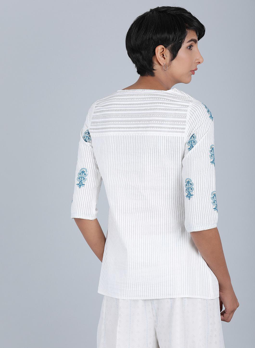 White Round Neck Printed Top - wforwoman