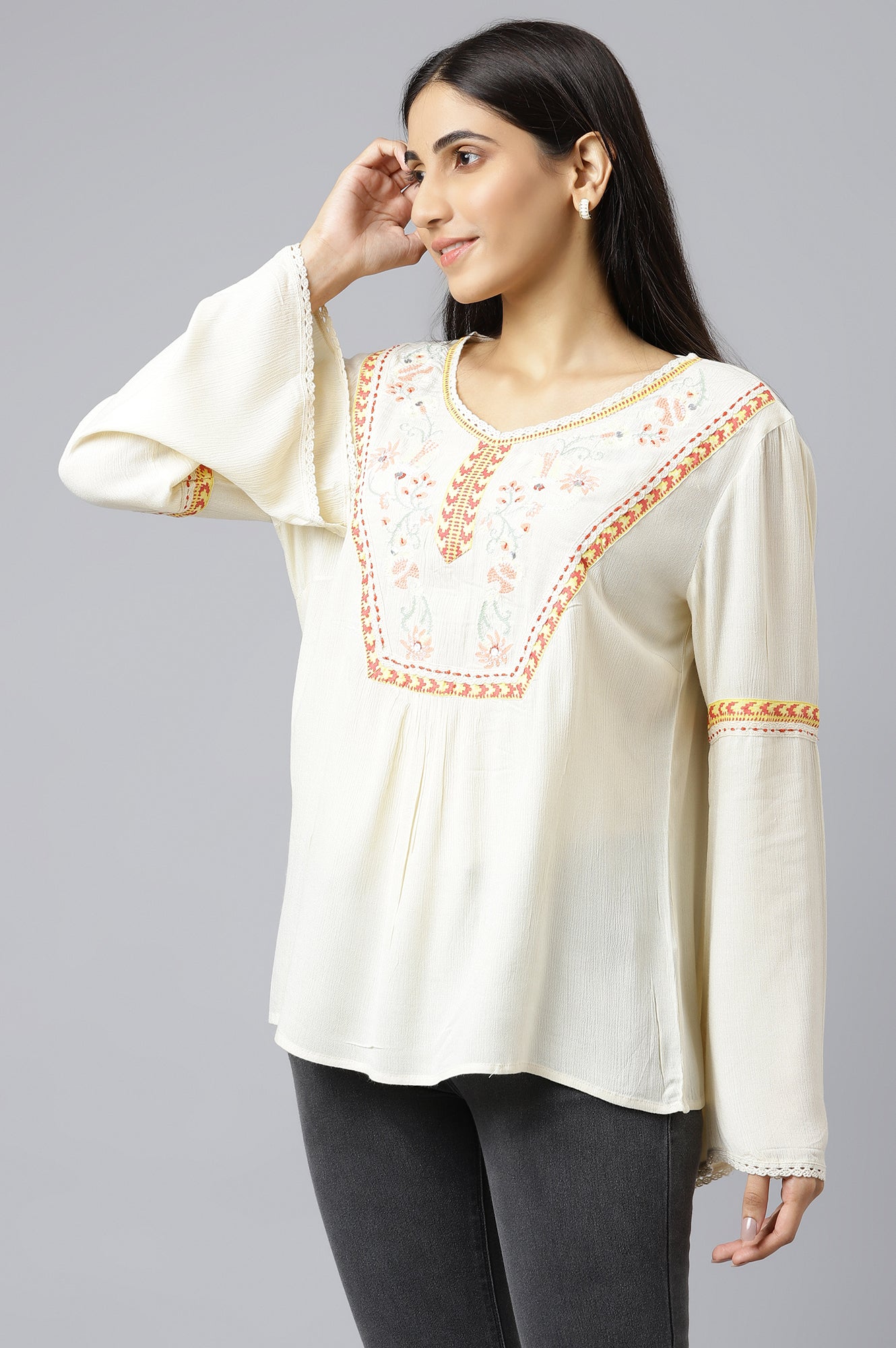 White Thread Embroidered Western Top