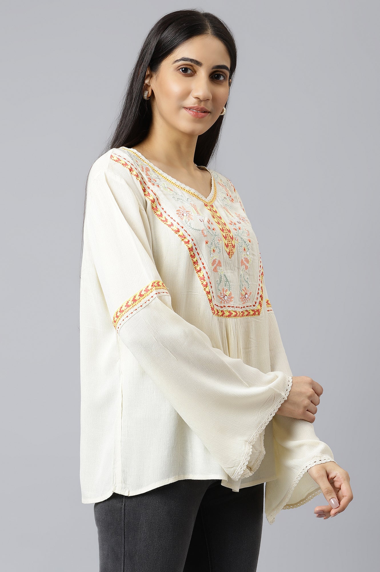 White Thread Embroidered Western Top