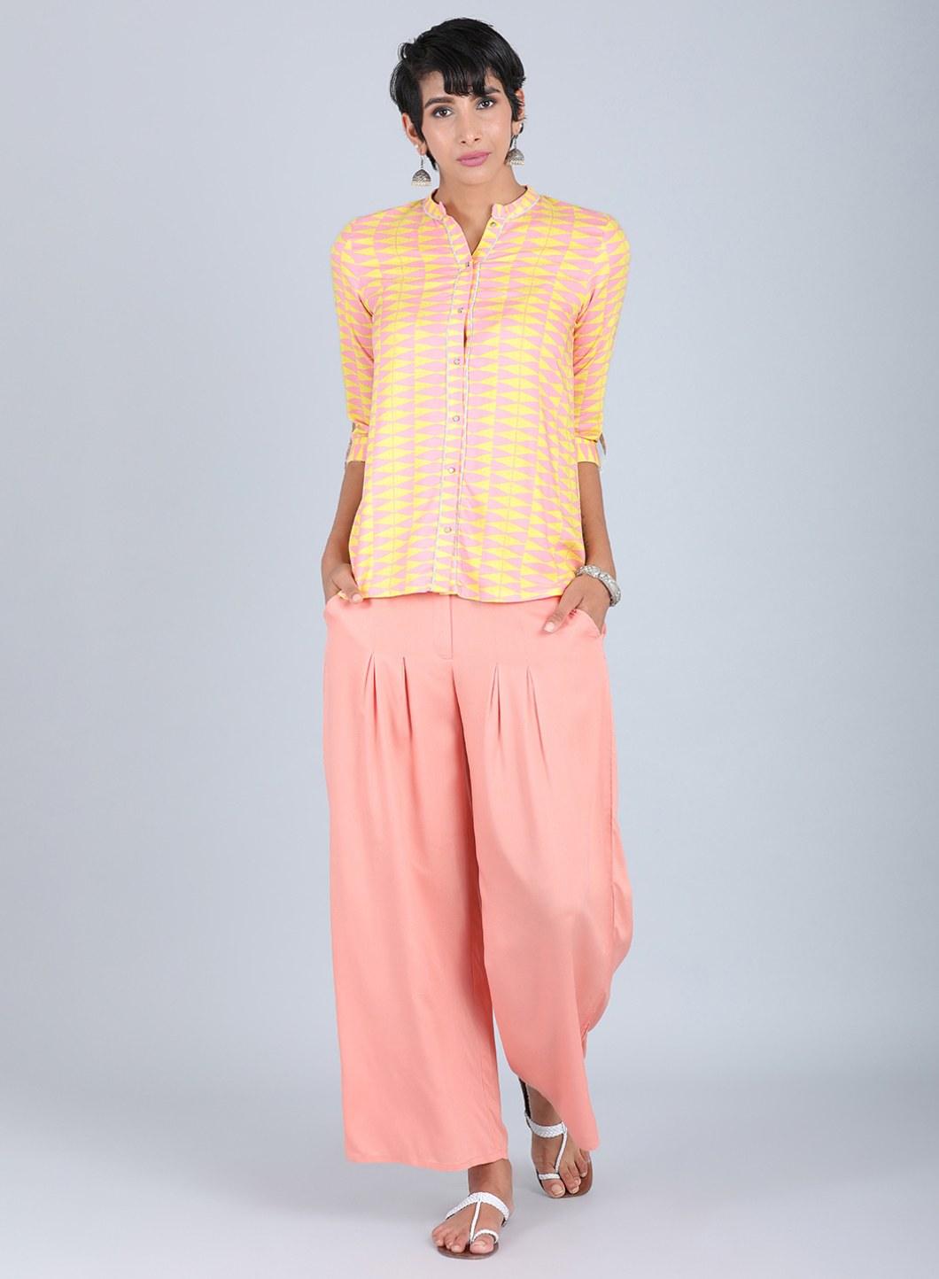 Yellow Mandarin Neck Printed Top - wforwoman