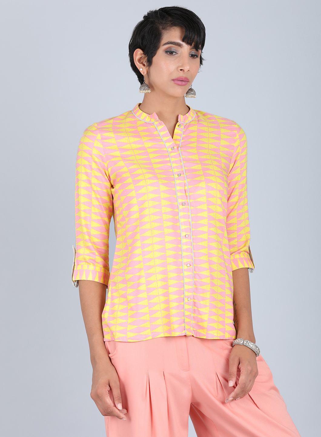 Yellow Mandarin Neck Printed Top - wforwoman