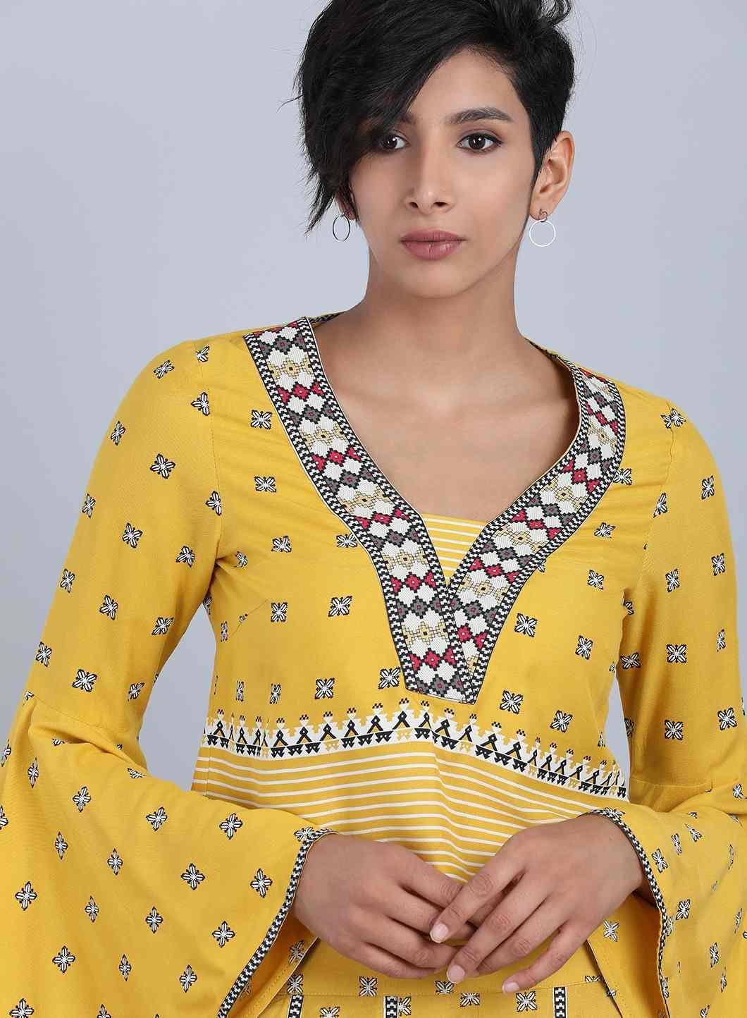 Yellow V Neck Printed Top - wforwoman