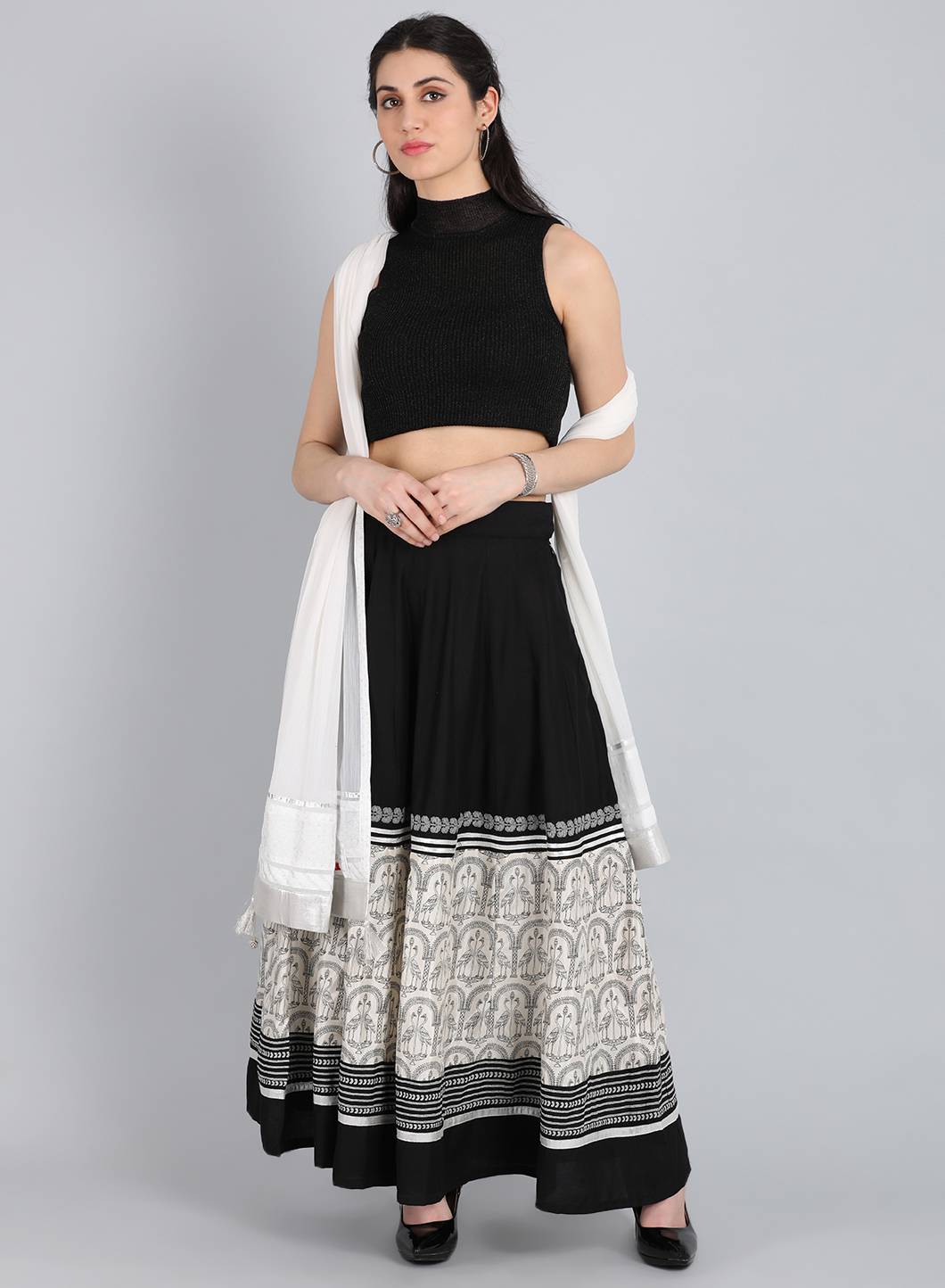 Black & White Printed Flared Skirt