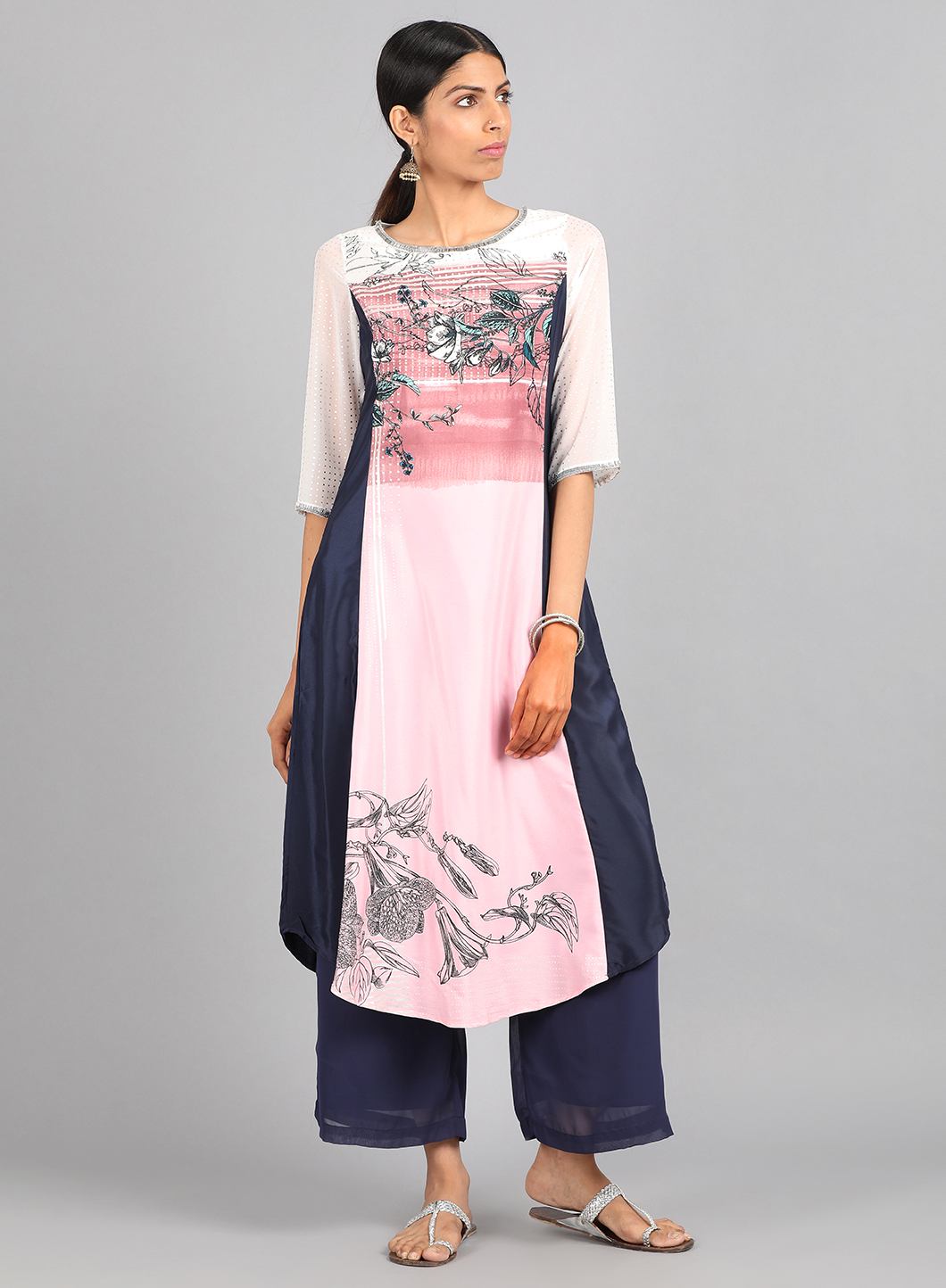 Pink Round Neck Printed kurta