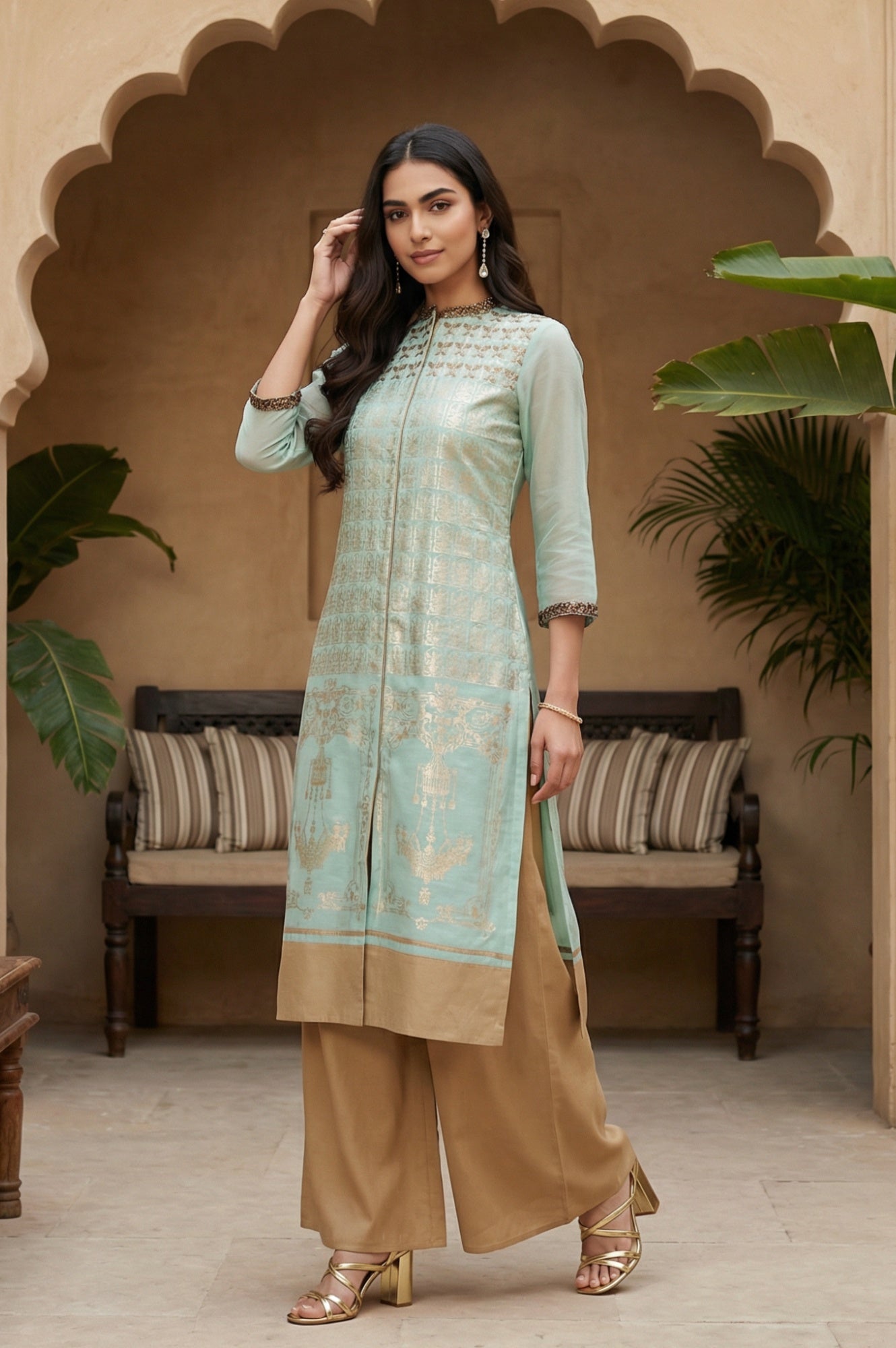 Mint Green Mandarin Neck Printed kurta