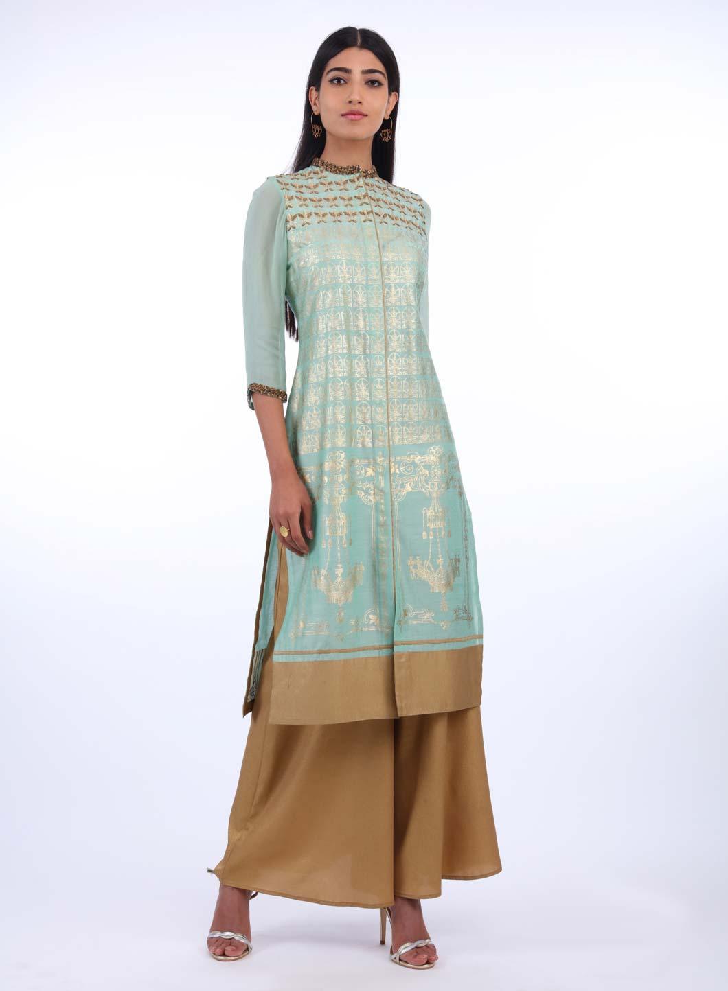 Mint Green Mandarin Neck Printed kurta - wforwoman