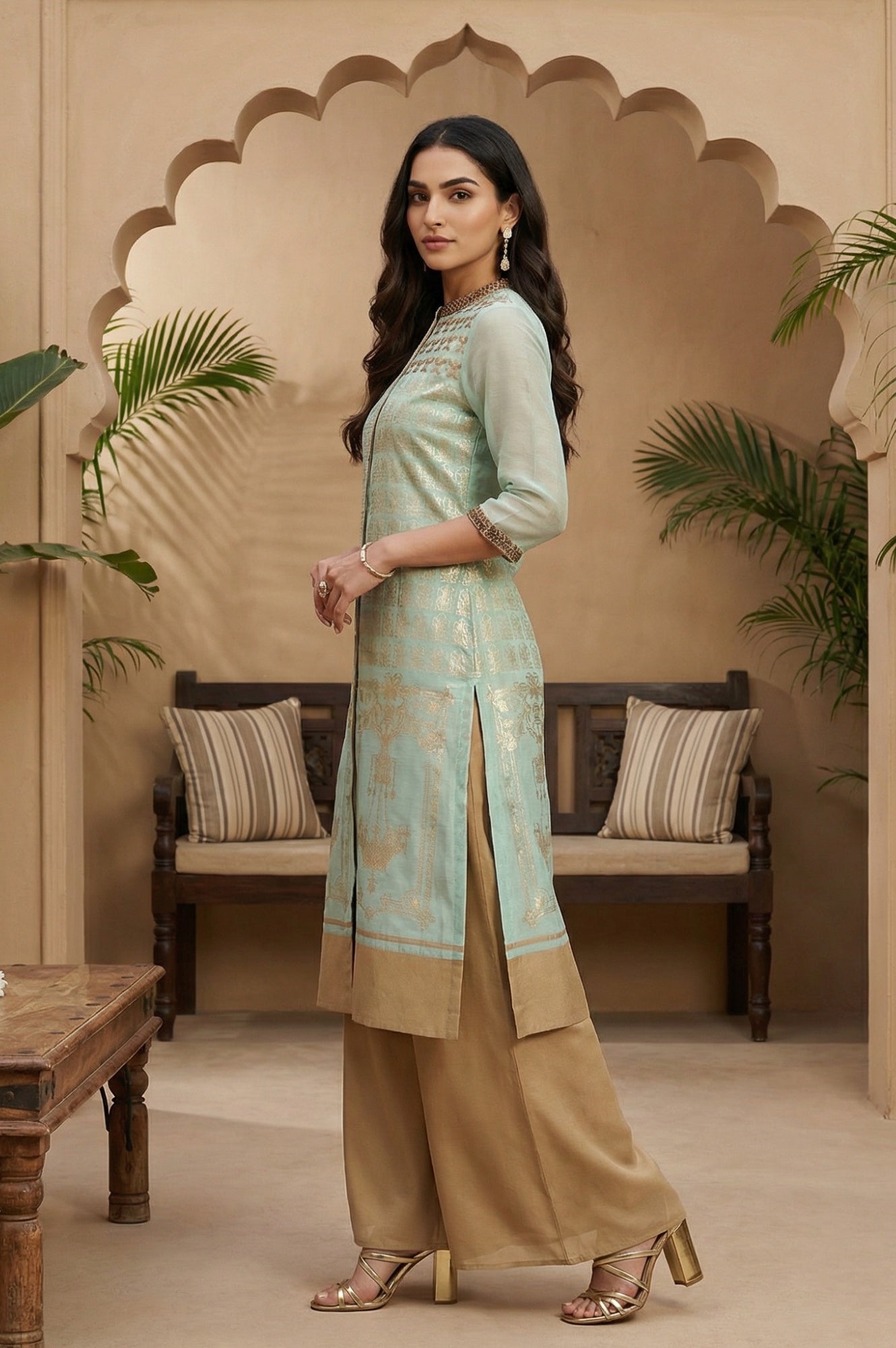 Mint Green Mandarin Neck Printed kurta