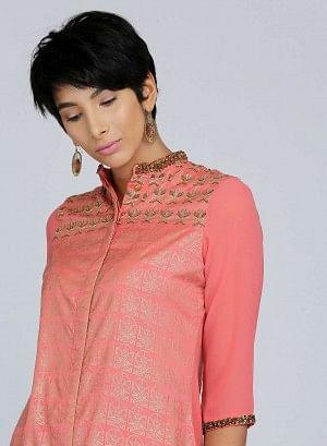 Coral Mandarin Neck Embellished kurta - wforwoman