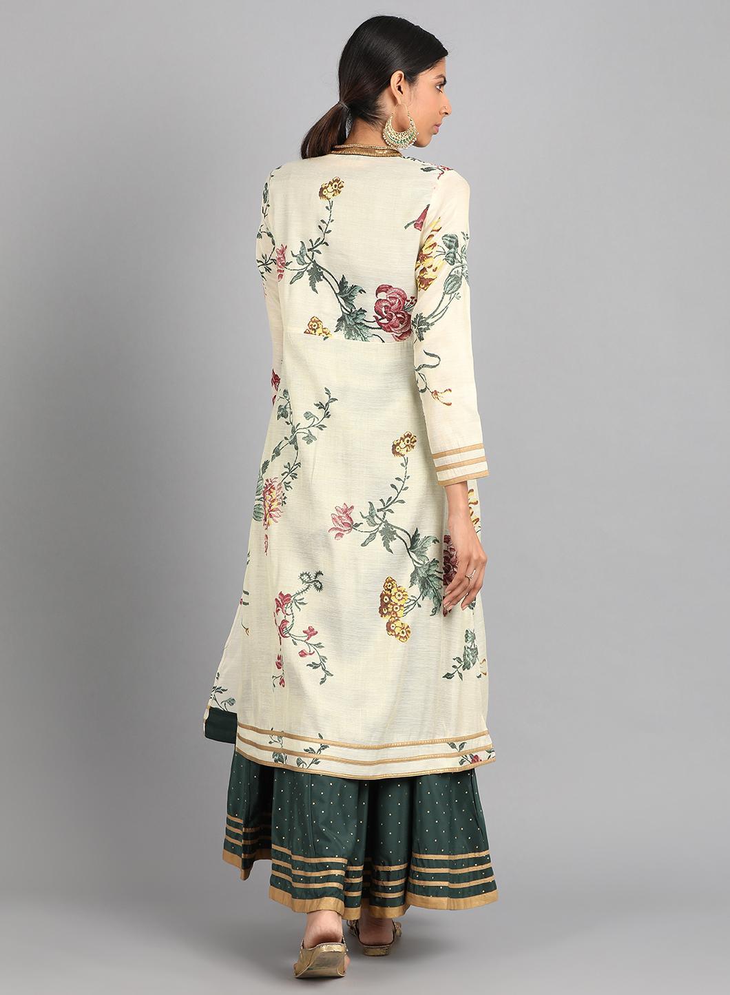 Cream Mandarin Neck Floral Print kurta - wforwoman