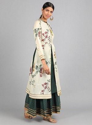 Cream Mandarin Neck Floral Print kurta - wforwoman