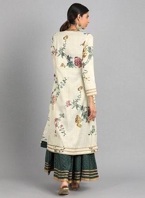Cream Mandarin Neck Floral Print kurta - wforwoman