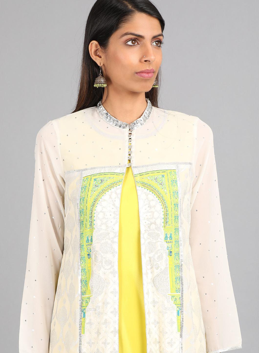 Ecru Mandarin Neck Printed kurta - wforwoman